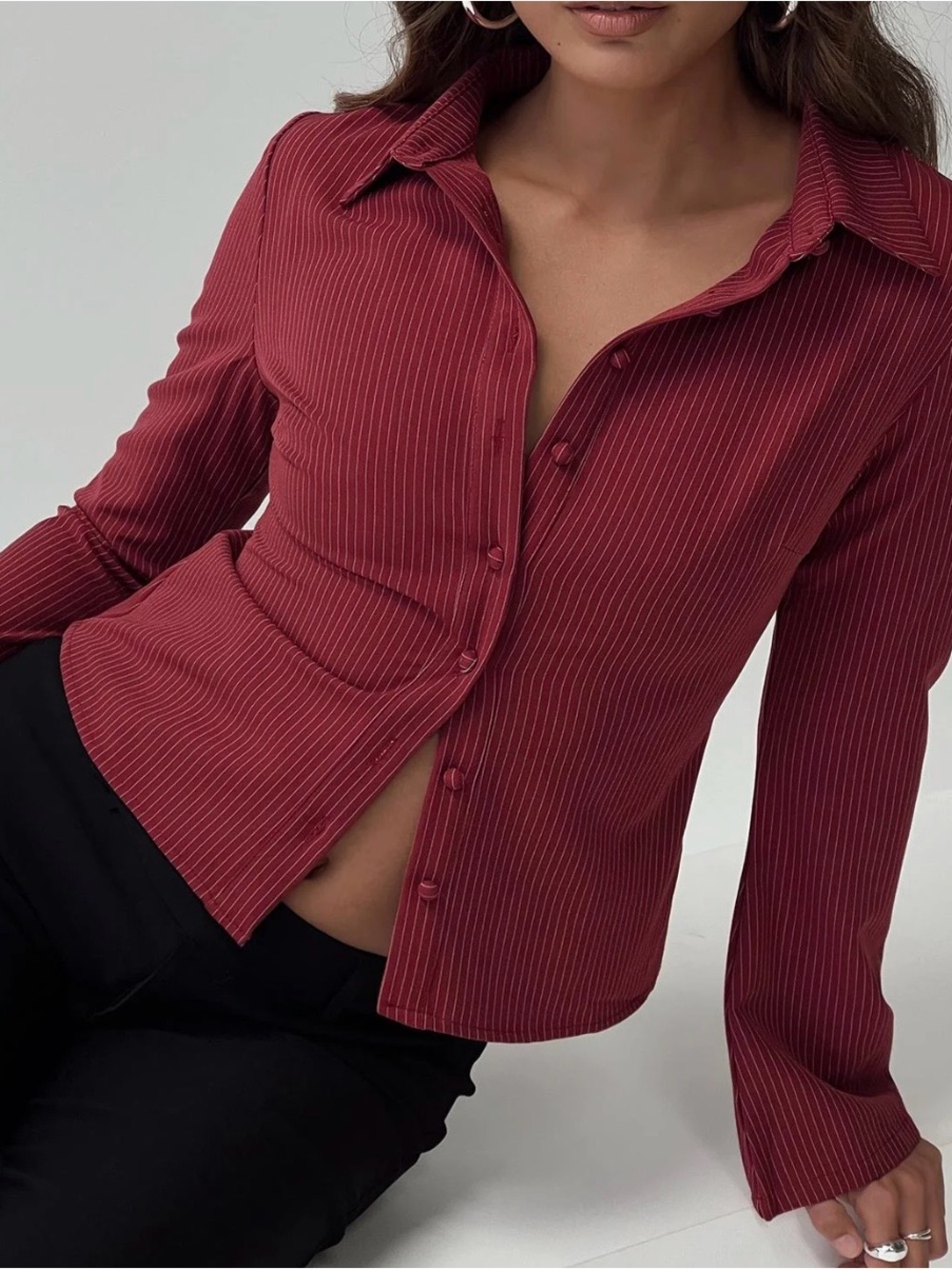Princess Polly Burgundy Pinstripe Button-Down Shirt